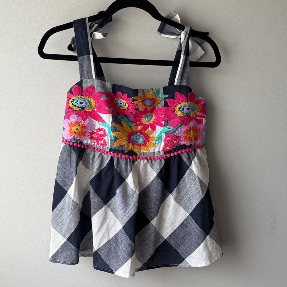 THML Navy and White Checkered Top with Floral Embroidery